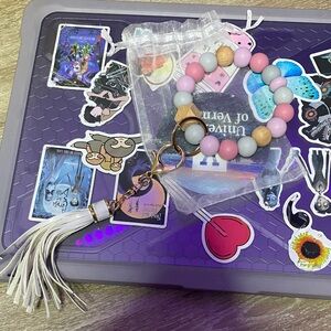 Pink and White Beaded Keychain Bracelet